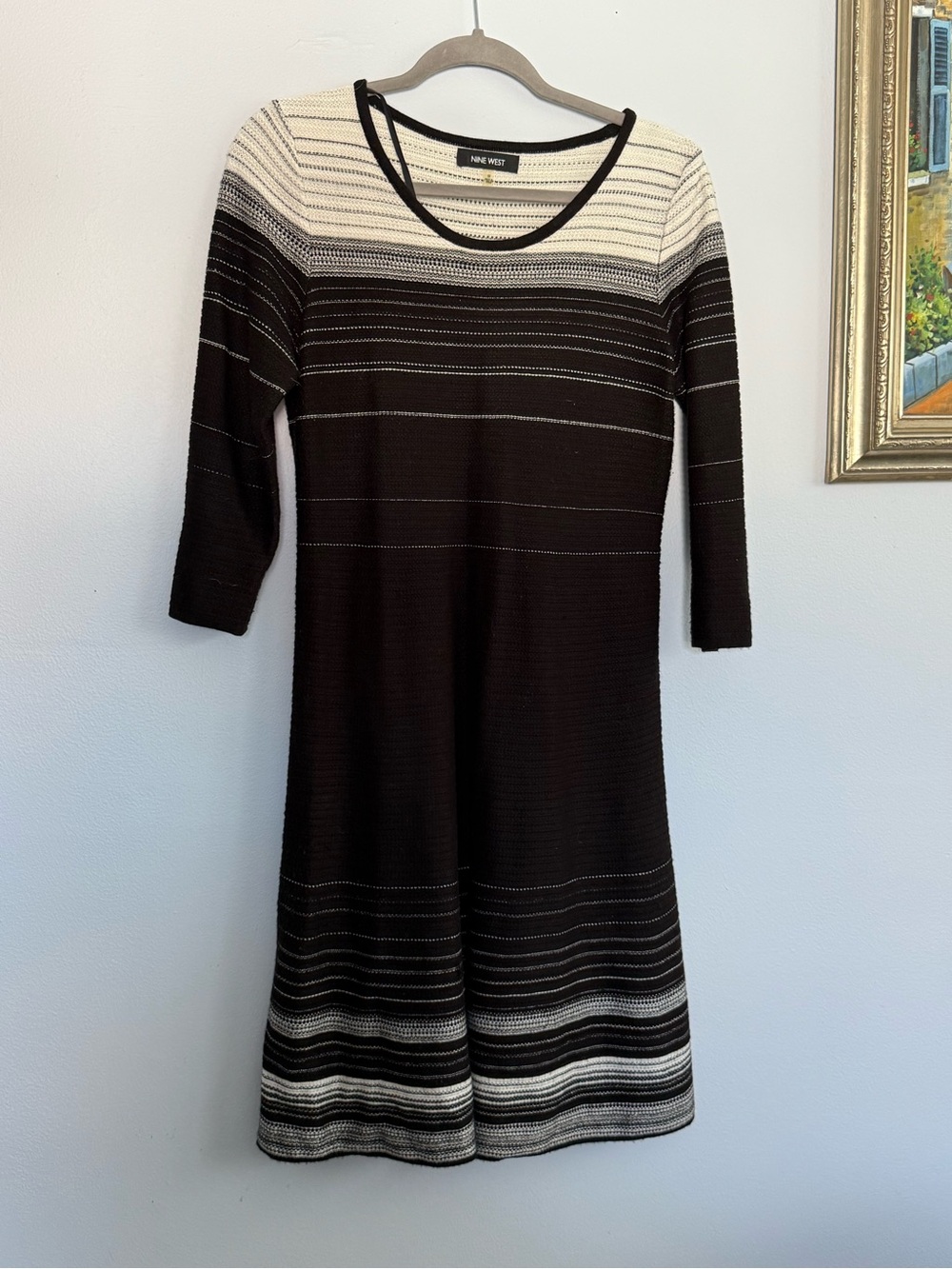Nine West Black and Cream Striped Long Sleeve Knit Dress